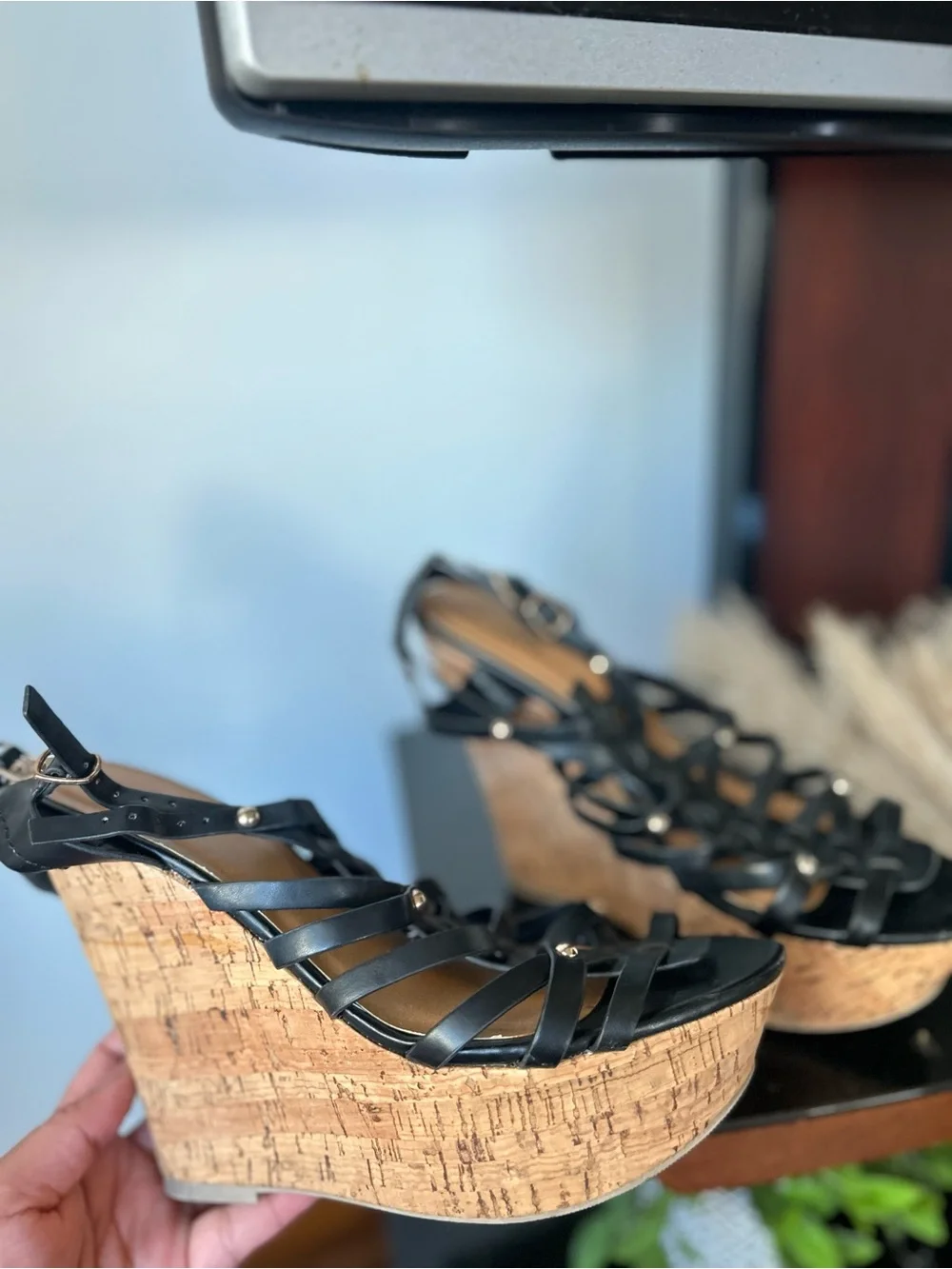 Black Strappy Cork Wedge Sandals - Women 10